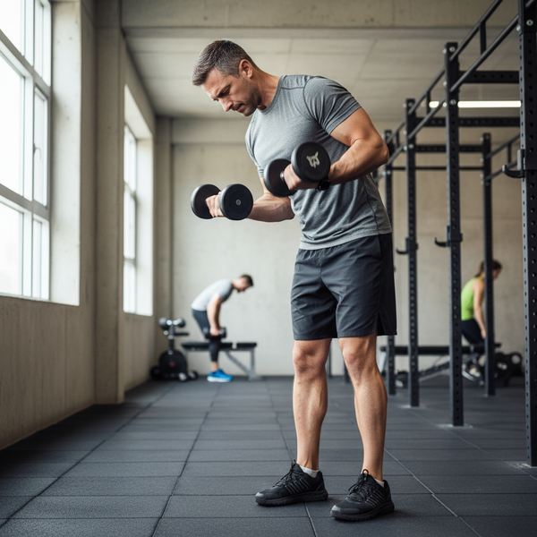 Active adult with rounded shoulders at gym
