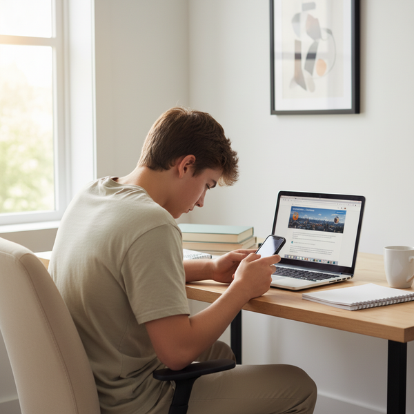 Teen hunched over phone and laptop